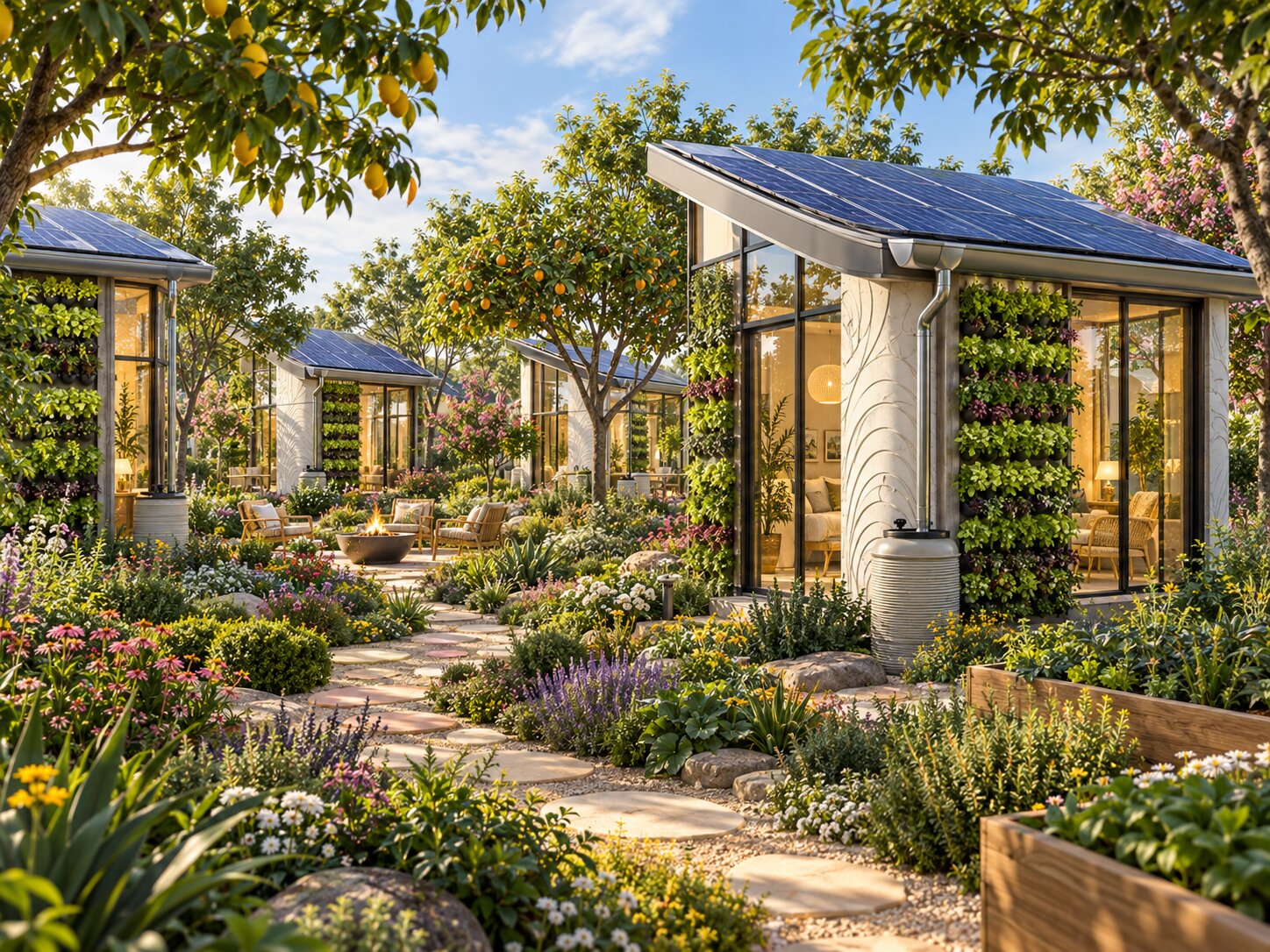 Conceptual sustainable housing with hydroponic walls, solar roofs, rainwater catchment, fruit trees and gardens